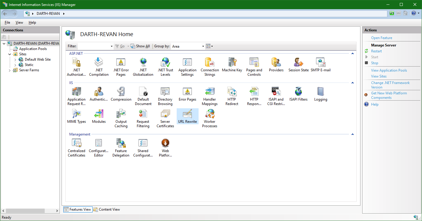 IIS 10.0: URL Rewrite control panel location