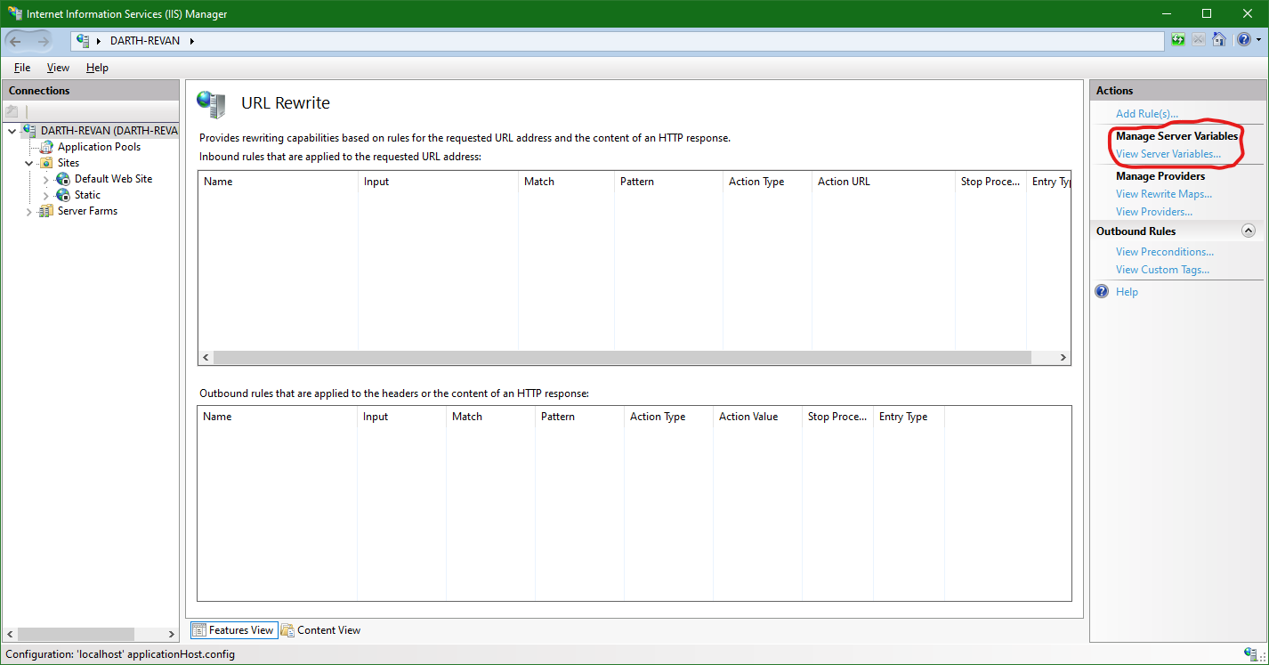 IIS 10.0: URL Rewrite server variable settings